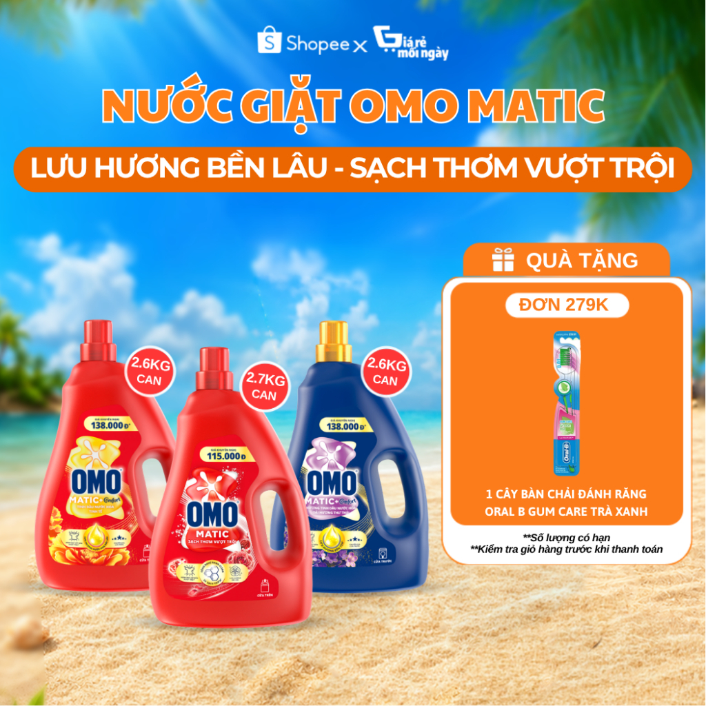 Nước Giặt Omo Cửa Trên Nước Hoa Tinh Tế Can 2.6KG - Sạch Thơm Vượt Trội Can 2.7KG/Cửa Trước Oải Hươn