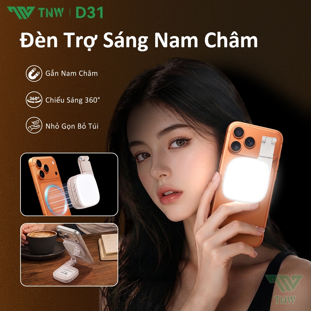 TNW D31 Đèn Selfie Từ Tính 3 Trong 1 Kèm Gương, Điều Chỉnh Độ Sáng, Tương Thích MagSafe, Chụp Ảnh, V