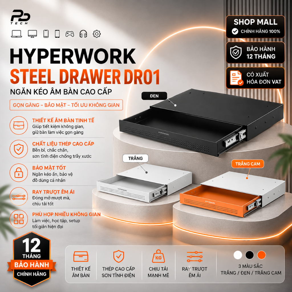 Ngăn Kéo Gắn Bàn HyperWork Steel Drawer DR01 Chính Hãng – Lưu Trữ Gọn Gàng, Chắc Chắn