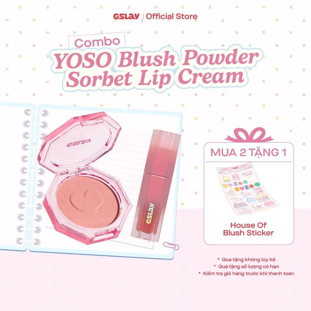 Combo GSLAY YOSO Blush Powder mịn lì lên chuẩn màu (5g) & GSLAY Sorbet Lip Cream mịn lì thuần chay g