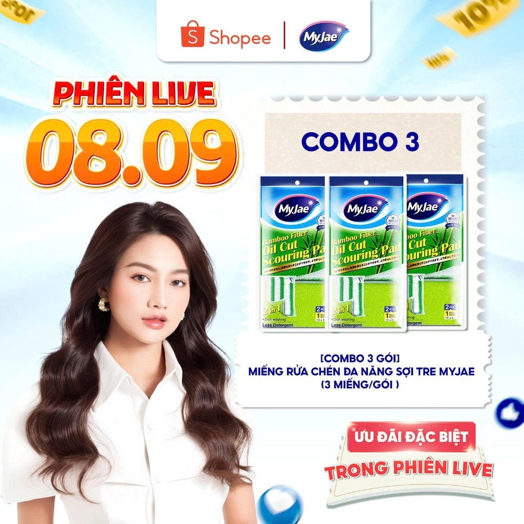 [DIỆP LÊ LIVE 8.9] Miếng rửa chén kháng khuẩn - sợi tre MyJae, - Tạo bọt, chống xước 2 mặt, đánh bay