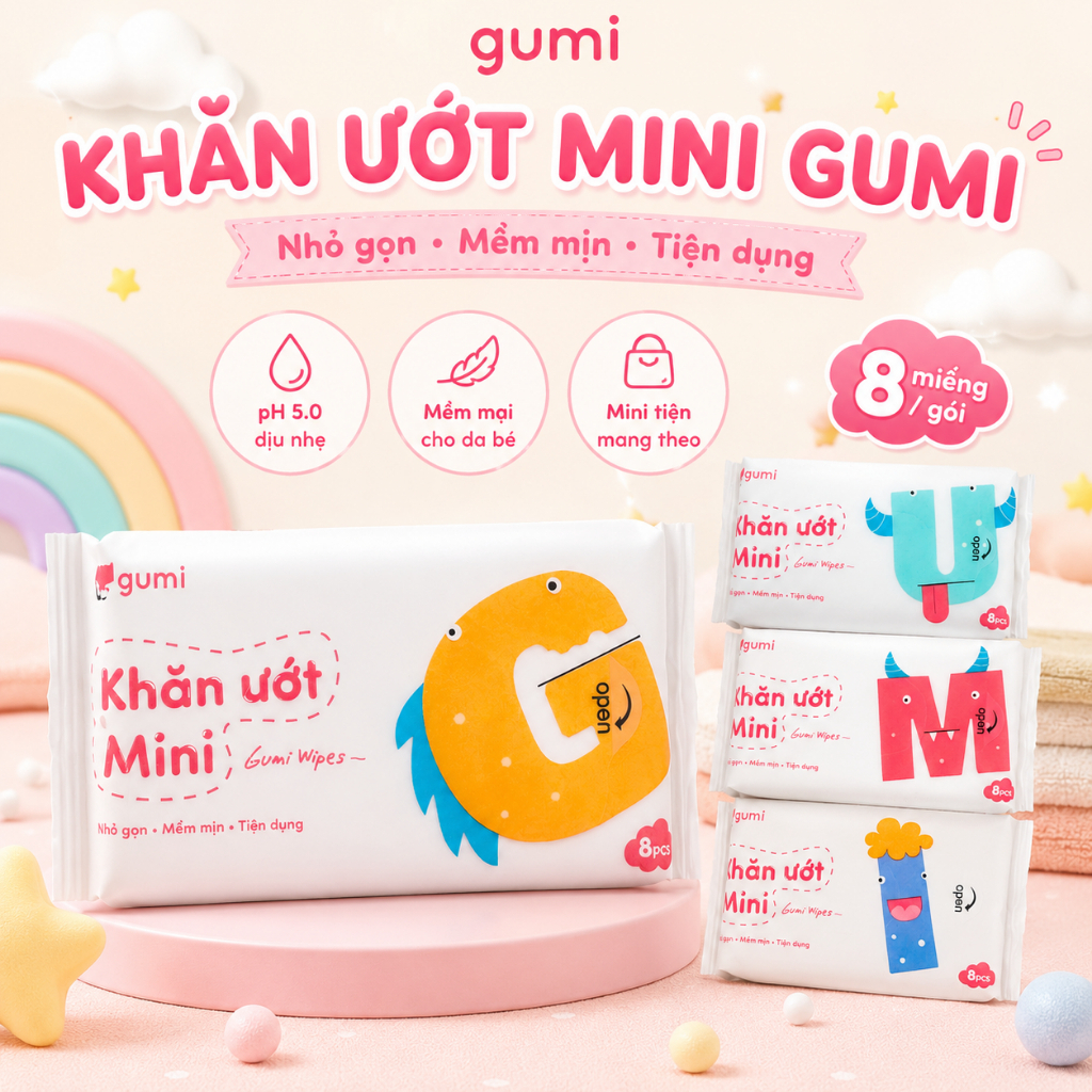 Khăn ướt cho bé Gumi Mềm Mại, Thoải Mái, An Toàn, Nhỏ Gọn 8 Tờ