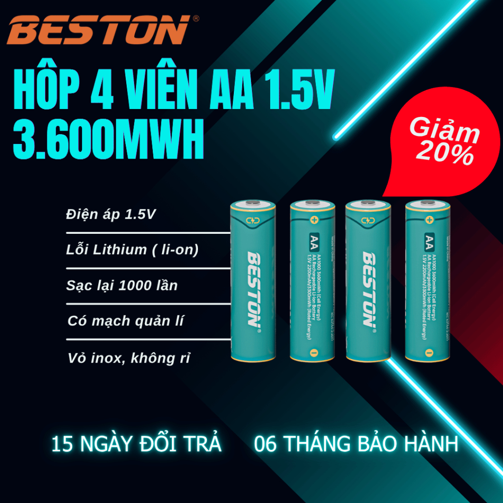 Hộp 4 Pin sạc Beston AA 1.5V dung lượng cao 3600mWh dùng cho khoá cửa thông…