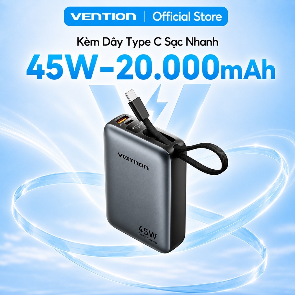 Sạc Dự Phòng 45W Vention 20000mAh Hỗ Trợ PD, QC, Tích Hợp Dây Type-C Cho Điện Thoại, Tai Nghe Máy Tính Bảng