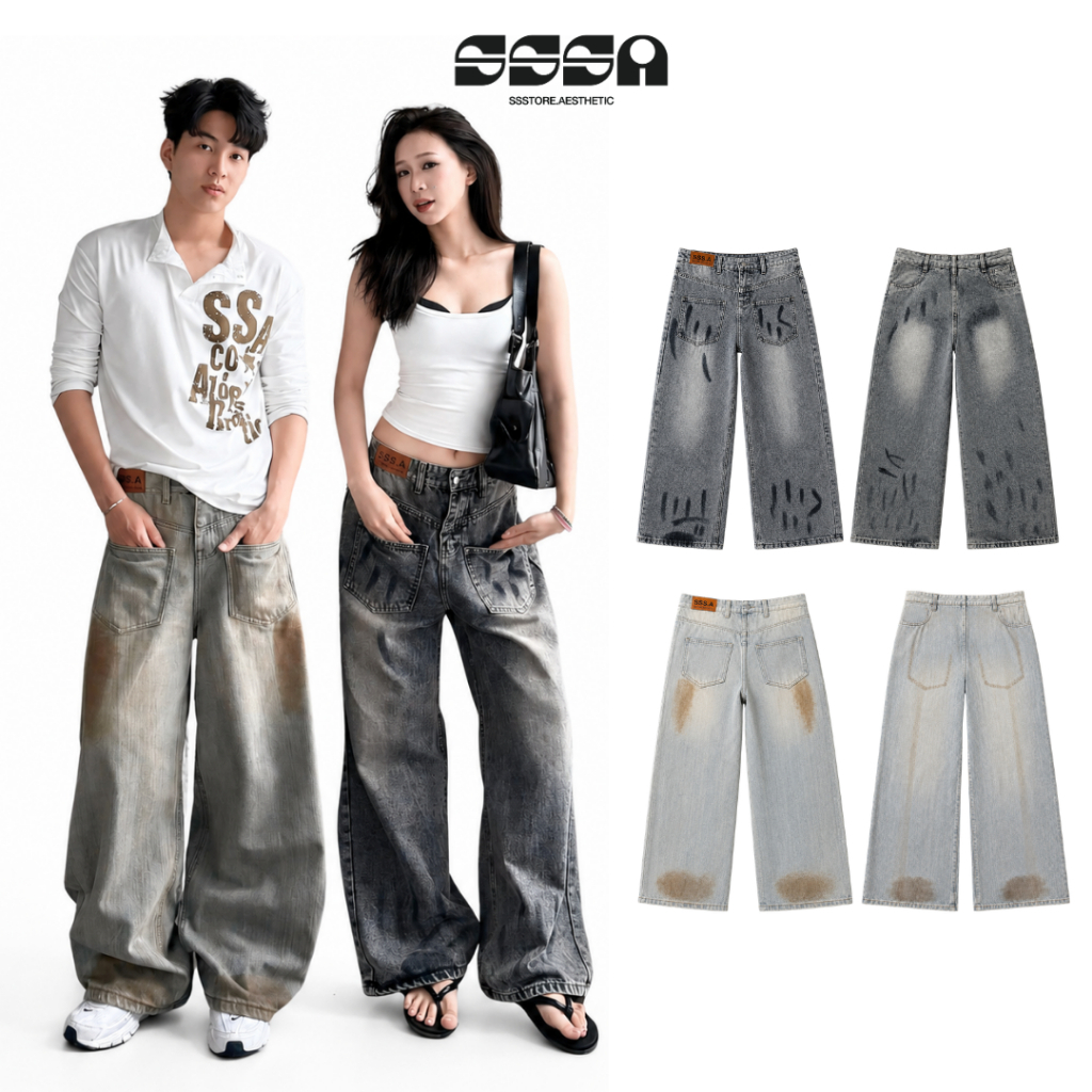 Quần Jean Ống Rộng Suông May Ngược Unisex Tôn Dáng Baggy Nam Nữ SSSTORE.Aesthetic - J16