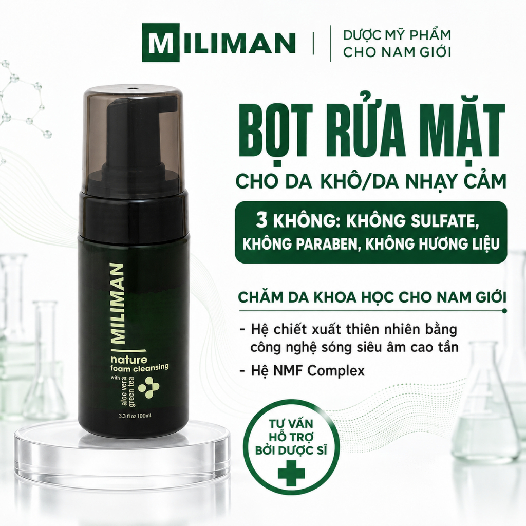 Sữa Rửa Mặt Nam Tạo Bọt MILIMAN 100ml Cho Da Khô, Da Nhạy Cảm | Làm Sạch, Cân Bằng Ẩm, Bảo Vệ Da