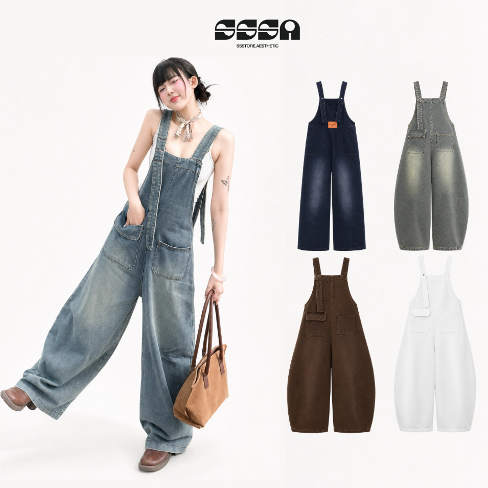 Quần Yếm Jean Nữ Ống Rộng Form Unisex Yếm Bò Jeans Denim Dày Dặn Che Khuyết Điểm | SSSTORE.Aesthetic