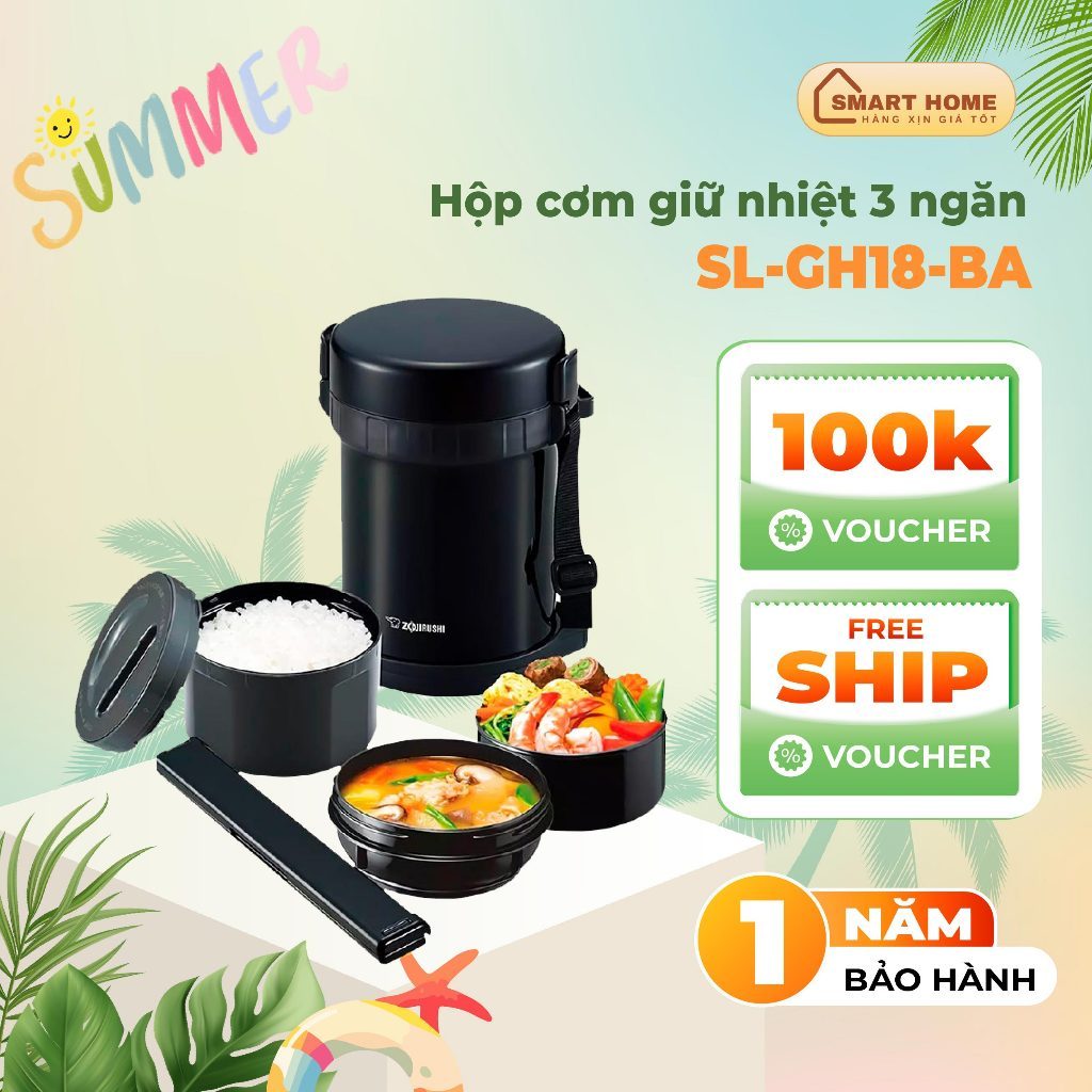 Hộp Cơm Giữ Nhiệt 3 Ngăn Zojirushi 1.27L - SL-GH18-BA, Dùng Lò Vi Sóng, Có Quai Xách, Kèm Đũa, Bảo H