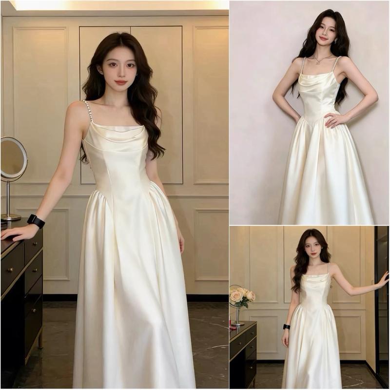 Đầm Lụa Cao Cấp Y107 – 2 Dây Đính Ngọc, Dáng Xòe Nữ Tính, Thanh Lịch - VAN AKARA