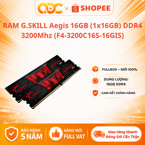 RAM G.SKILL Aegis 16GB (1x16GB) DDR4 3200Mhz (F4-3200C16S-16GIS) Hàng chính Hãng -  Bảo Hành 5 Năm