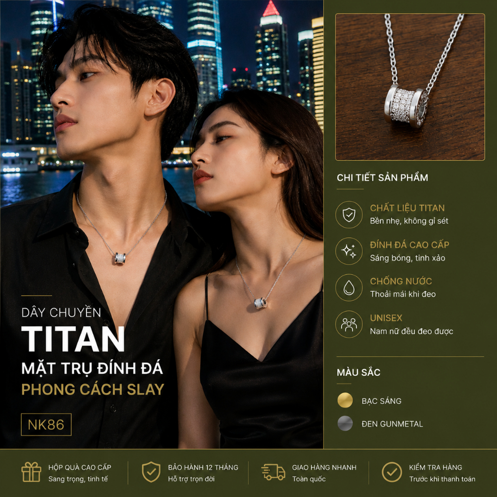 Dây Chuyền Mặt Titan Kim Trụ Ngân Trụ, Dành Cho Nam Nữ, Couple Phối Rất Nhiều Outfit