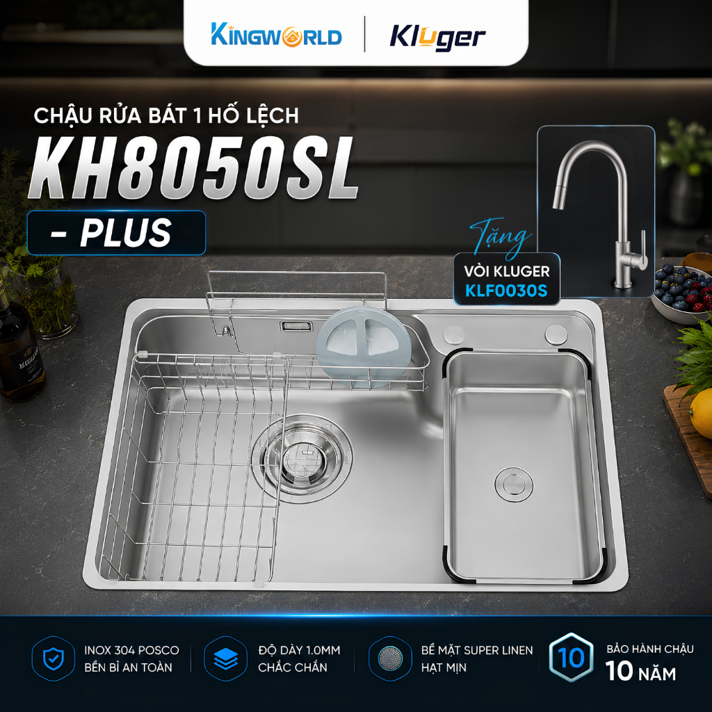 Chậu Rửa Bát KLUGER KH8050SL Plus | Mặt Hạt Mịn Hạn Chế Xước Vượt Trội, 1 Hố Inox 304, Bát Rác Lệch,