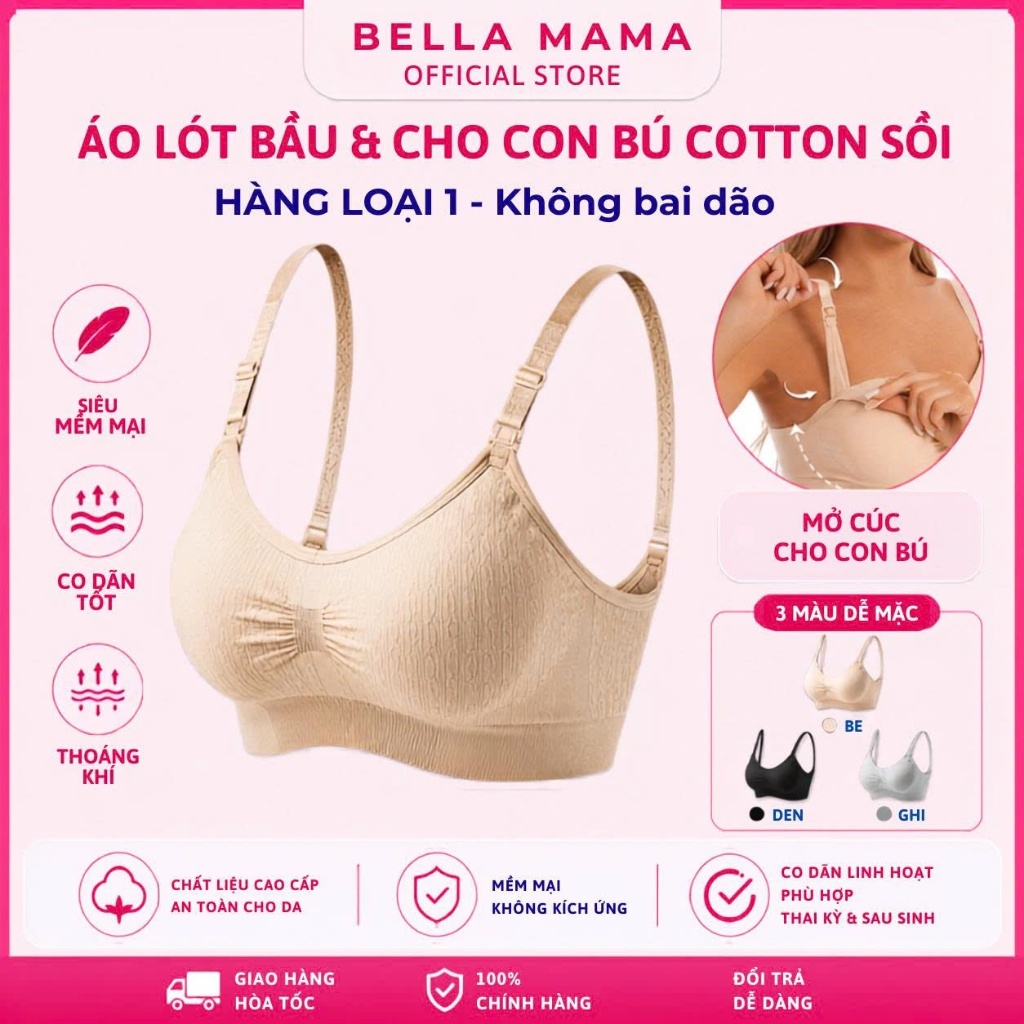 Áo Ngực Bầu Bú Bella Mama Áo Lót Sau Sinh Chống Chảy Xệ Cotton Siêu Mềm Mại Thiết Kế Mở Nắp - Onbsk