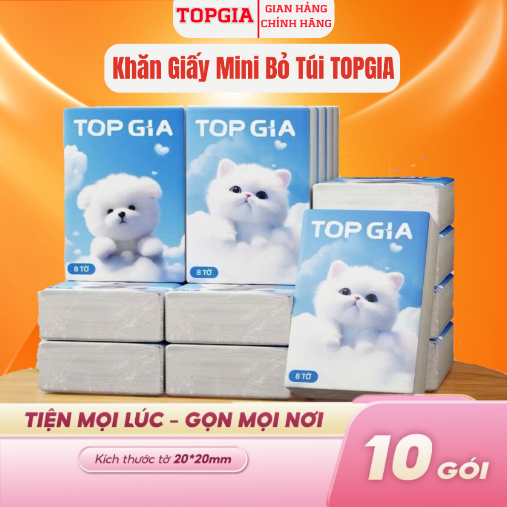 Khăn giấy mini bỏ túi TopGia 4 lớp, bịch 10 gói 1 gói 8 tờ mềm mịn, an toàn cho da