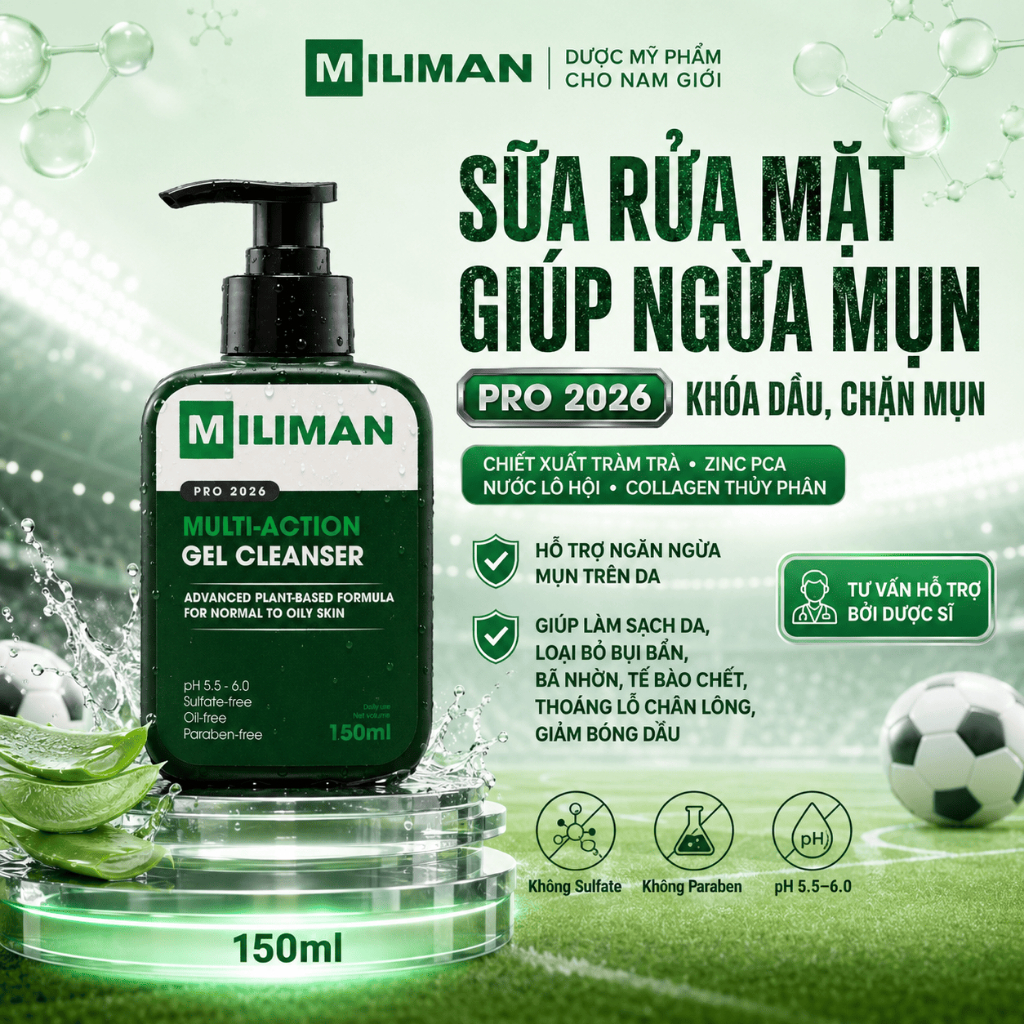 Sữa Rửa Mặt Giúp Ngừa Mụn Cho Nam MILIMAN PRO 2026 150ml - Công Thức Thế Hệ Mới Giúp Giảm Bóng Dầu, 