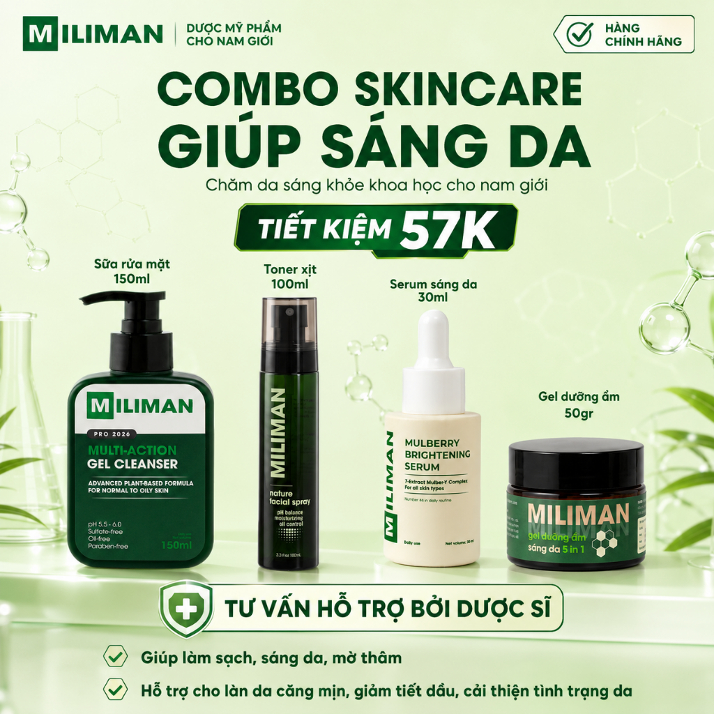 Bộ Skincare Nam Giúp Sáng Da Mờ Thâm Gồm Sữa Rửa Mặt Nam MILIMAN, Toner, Serum Sáng Da, Gel Dưỡng Ẩm
