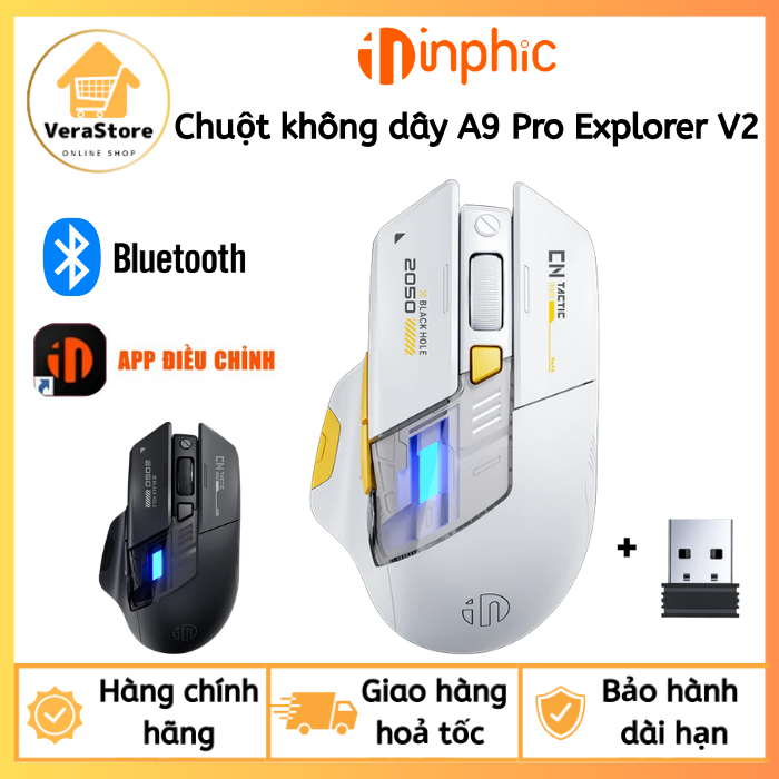 Chuột không dây gaming INPHIC A9 Pro Explorer V2 bluetooth wireless sạc pin cho laptop có app 1000hz