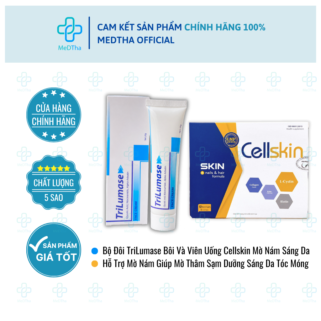 BỘ ĐÔI TriLumase Và Viên Uống CellSkin - Hỗ Trợ Mờ Nám Giúp Mờ Thâm Sạm Dưỡng Sáng Da