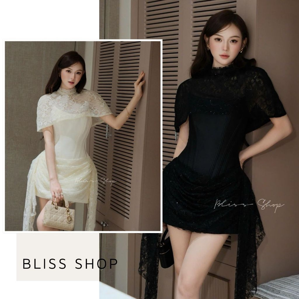 [Thiết Kế Cao Cấp] Đầm Váy Ngắn Cúp Ngực Phối Ren Dài 2 Bên & Áo Choàng Sang Chảnh Bliss Shop - V967