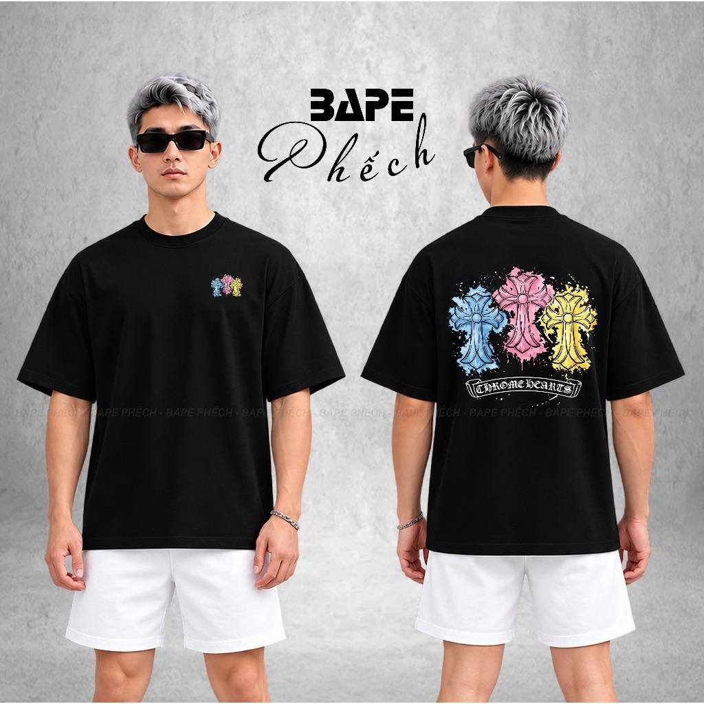 ÁO THUN CHROME HEARTS TRIPLE CROSS FORM RỘNG NAM NỮ UNISEX VẢI COTTON CAO CẤP 280GSM - BAPE PHẾCH