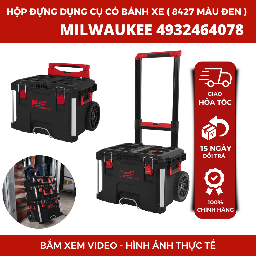 Thùng đựng dụng cụ PACKOUT Milwaukee 4932464078, hộp đựng đồ nghề có bánh xe (48-22-8427 màu đen)