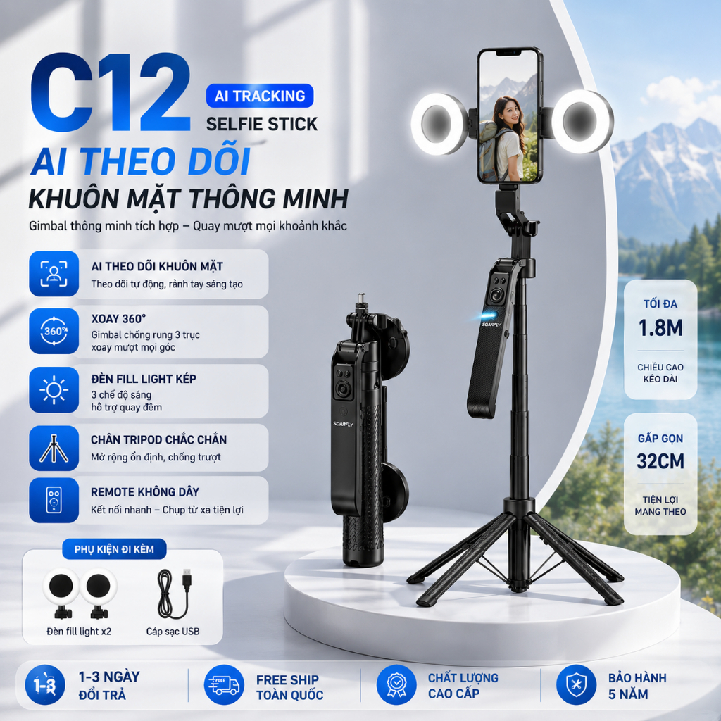 Gậy Chụp Ảnh 4 Chân C12 AI TRACKING - Tích Hợp Gimbal AI, Tripod Xoay 360° Tự Động Thông Minh