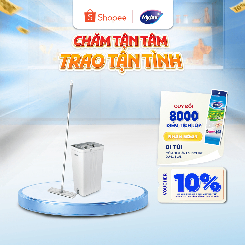 Cây lau nhà tự vắt thông minh xoay 360 độ MyJae kèm thùng 2 ngăn sàn nhà sạch nhanh khô thoáng