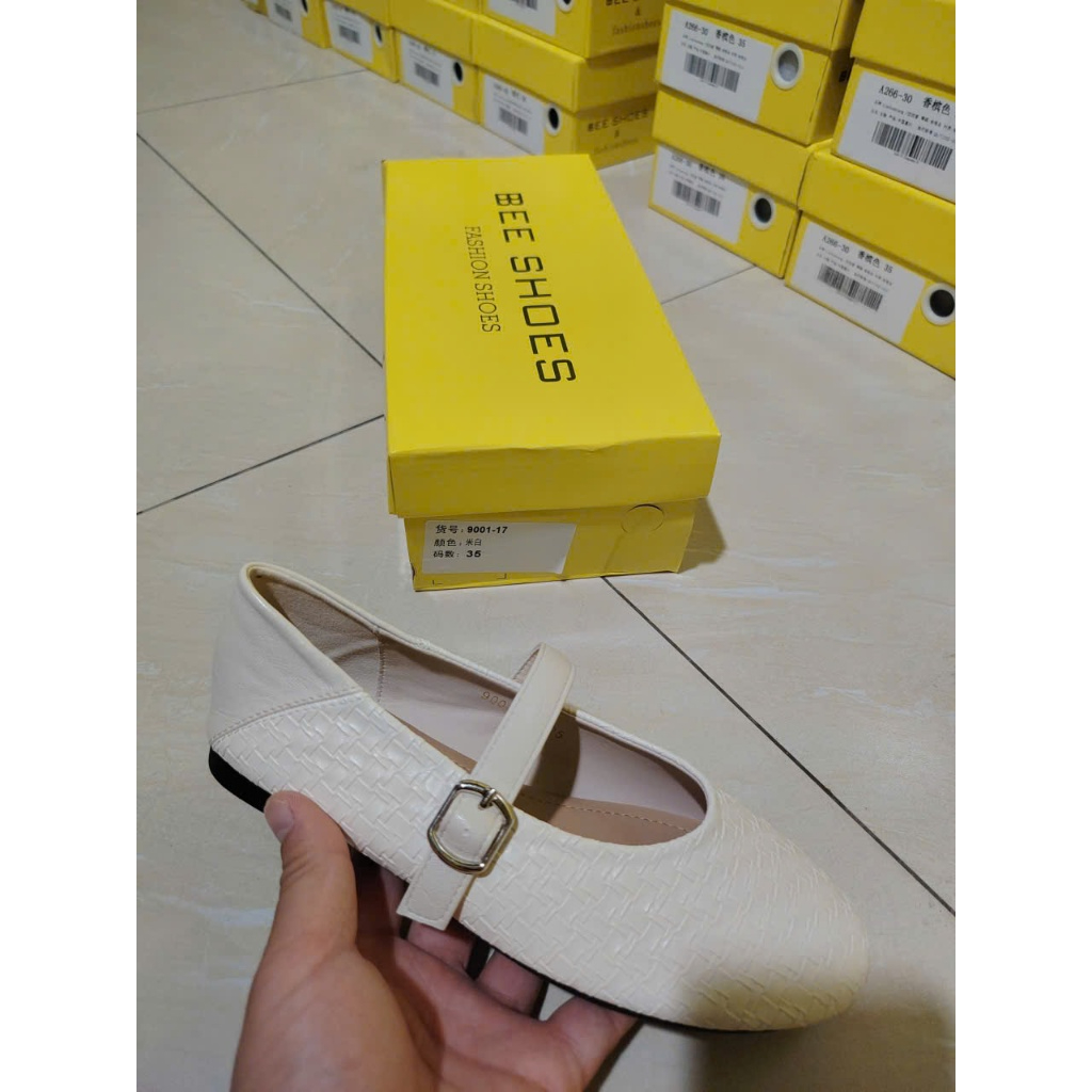 Giày mary jane nữ da vân BEESHOES giày búp bê mũi tròn, đế 1 phân sẵn màu kem MJ159