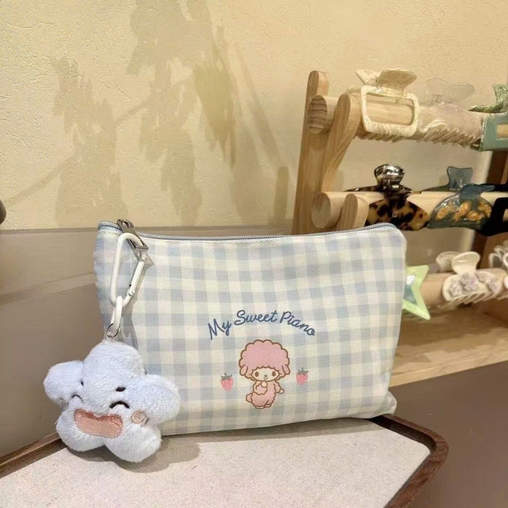 Túi makeup màu xanh trắng melody dễ thương sức chứa nhiều lớn, không kèm charm - T153