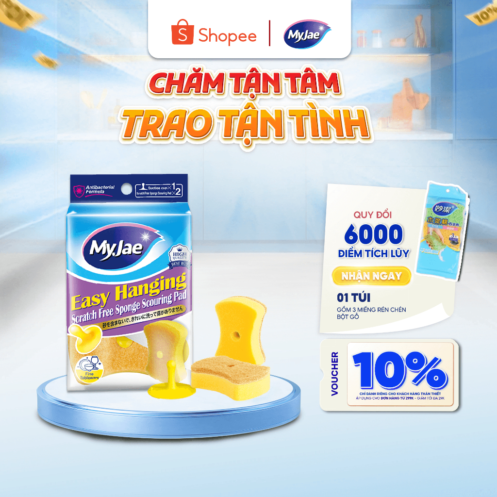 [PHÂN LOẠI] Miếng bọt biển rửa chén MyJae 2 mặt, mút xốp rửa bát đa năng kèm miếng nhựa hít kê (2miế