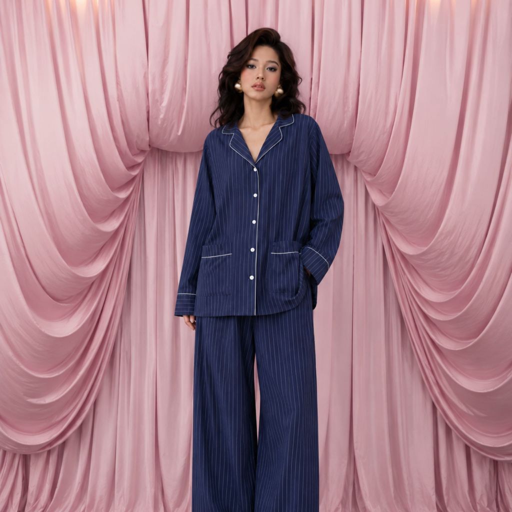 [ Fit to sleep ] BỘ Ciela PIJAMA DÀI TAY KẺ SỌC – XANH NAVY - kết hợp họa tiết sọc dọc thanh mảnh tạ