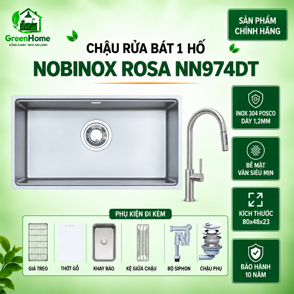 CHẬU RỬA BÁT 1 HỐ NOBINOX ROSA NN974DT | Hàng chính hãng