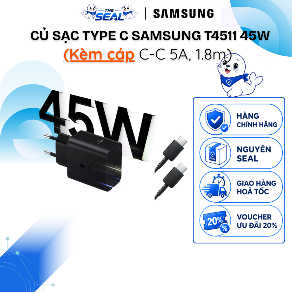 Củ sạc Type C Samsung T4511 - 45W - (Kèm cáp C-C 5A, 1.8m) EP-T4511- Hàng Chính Hãng