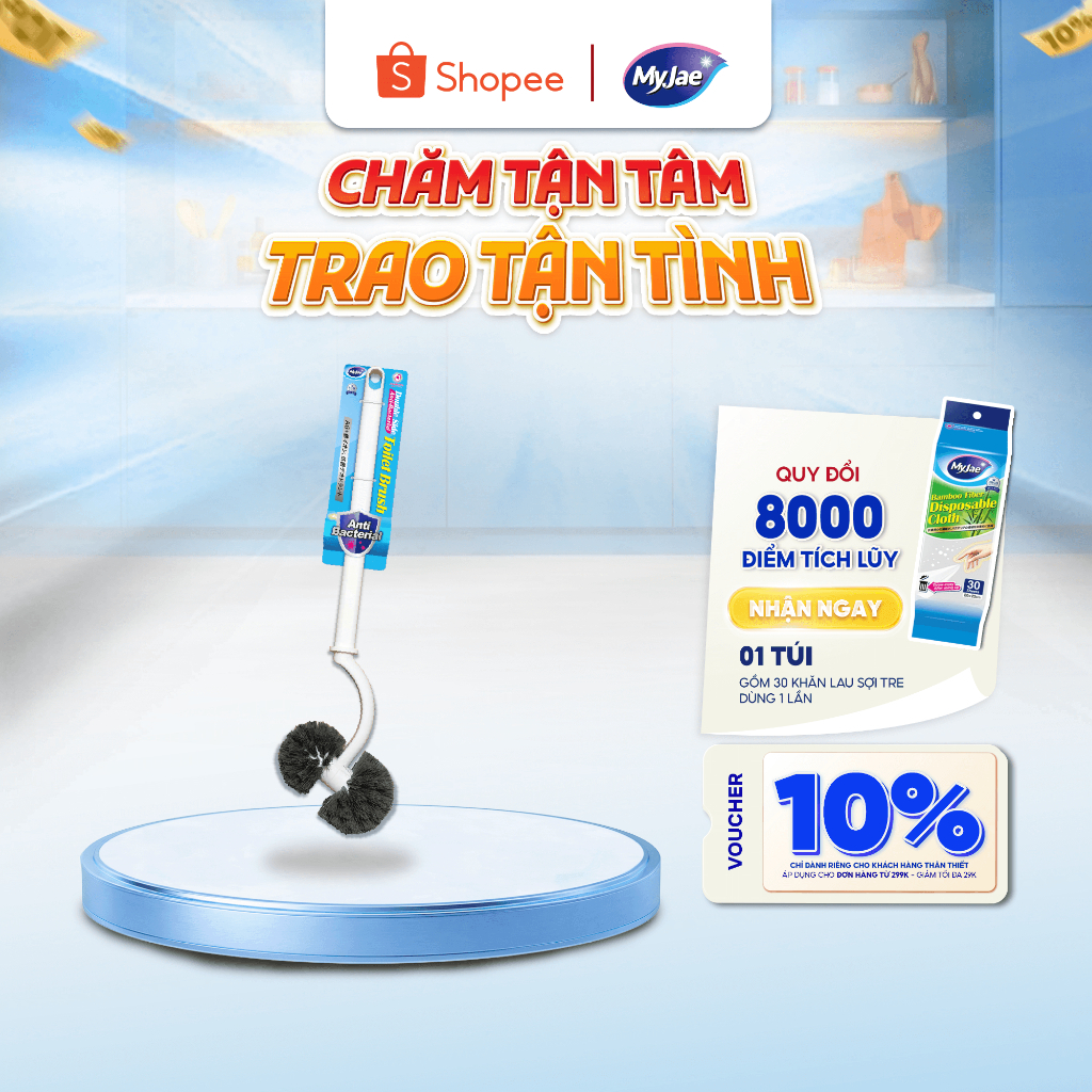 Cây Chà Bồn Cầu MyJae, Cọ Chà Toilet Loại 2 Đầu Tròn Kháng Khuẩn 45cm