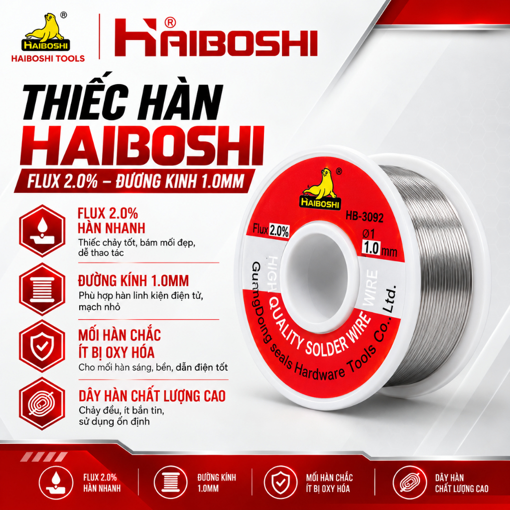 Thiếc Hàn HAIBOSHI Flux 2% – Dễ Nóng Chảy, Mối Hàn Bóng Sáng