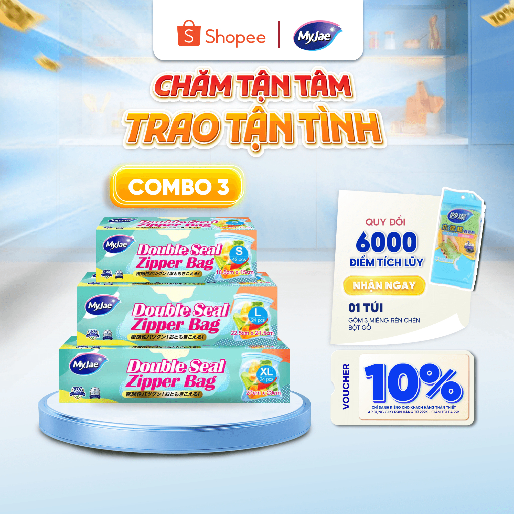 Túi zip đựng thực phẩm hai đường kéo PE MyJae, đáy đứng trong suốt, bảo quản thực phẩm