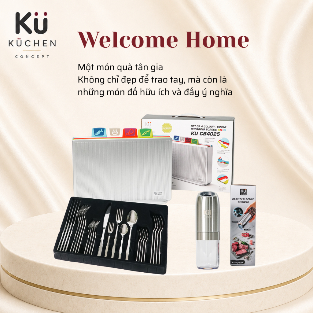 Combo Quà Tân Gia KUCHEN Welcome Home | Bộ Thìa Dĩa, Bộ 4 Thớt, Máy Xay Tiêu Muối | Kuchen Concept
