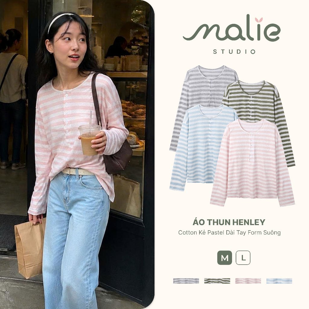 Áo Thun Henley Malie Studio Cotton Kẻ Pastel Dài Tay Form Suông Rộng Trẻ Trung MAP021