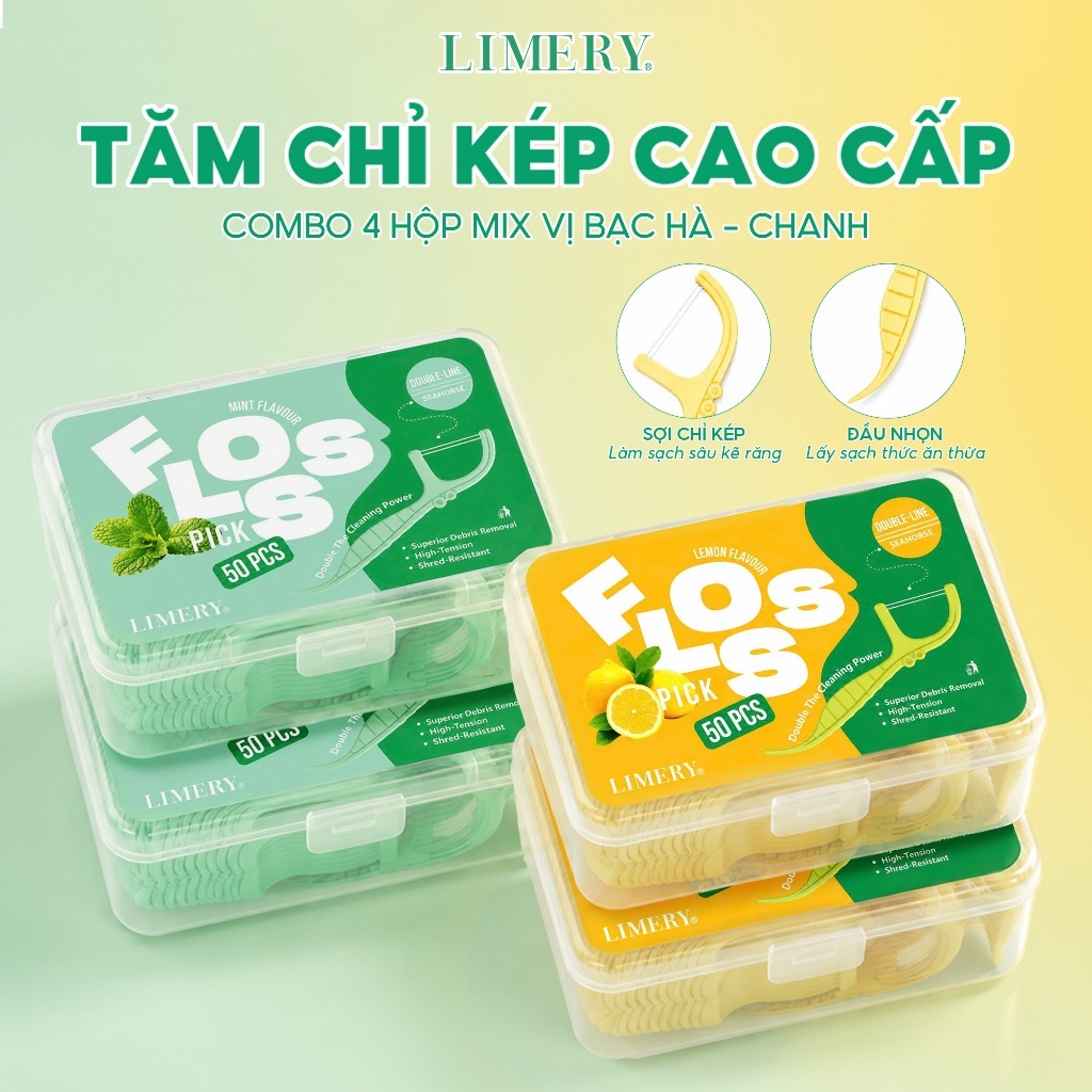 Combo Mix 2 Vị Bạc Hà và Chanh Mát, Tăm Chỉ kép LIMERY 2 Sợi, Vệ Sinh Răng Miệng Sạch Sâu , An Toàn Cho Nướu
