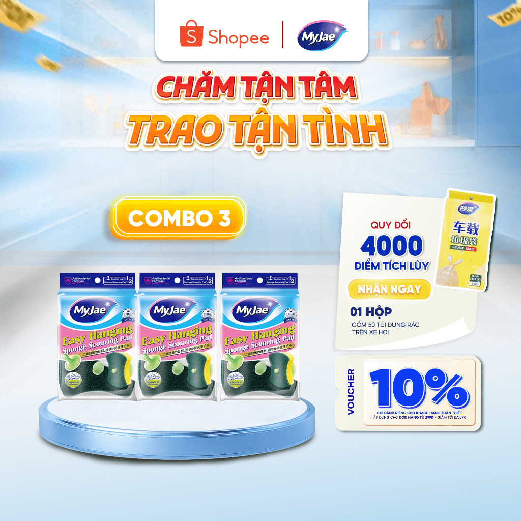 Combo 3 Bịch Miếng bọt biển rửa chén MyJae 2 mặt, mút xốp rửa bát đa năng