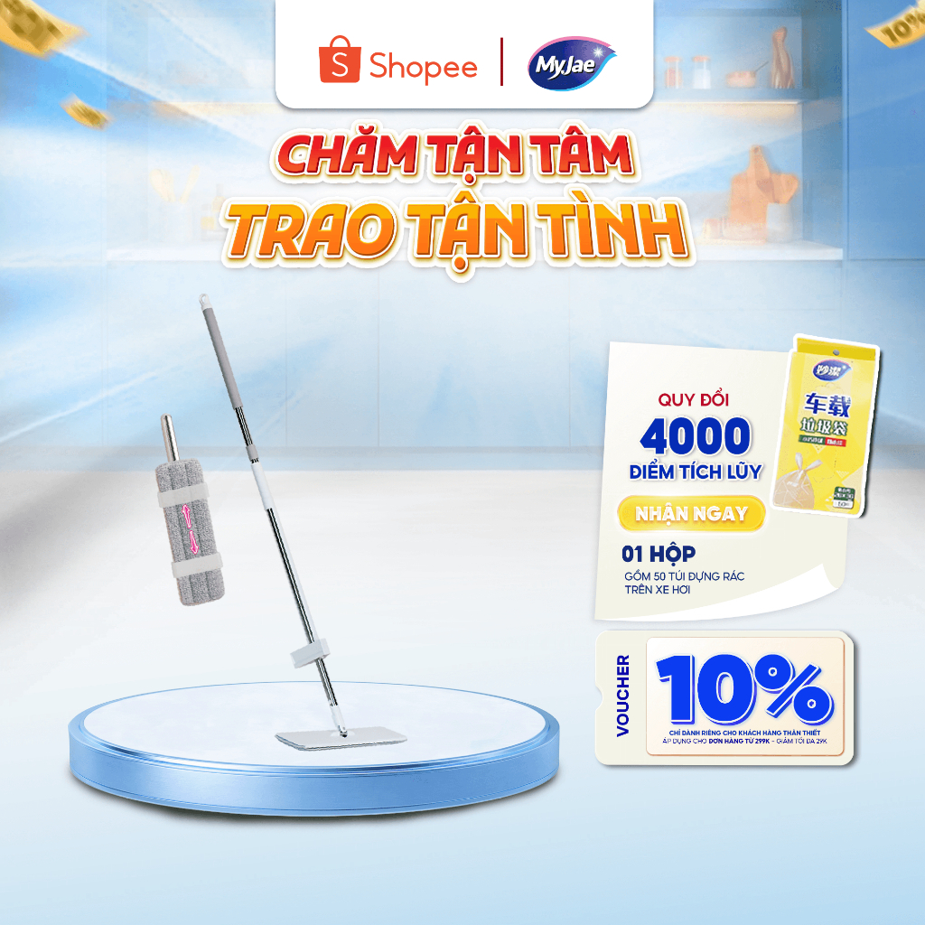 Cây Lau Nhà MyJae Đài Loan Sợi Polyester Kéo Vắt Thông Minh 360 Độ 125cm Tiện Lợi