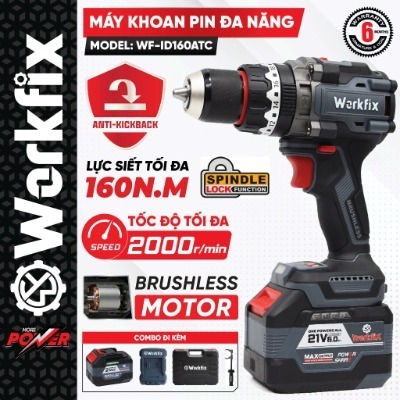 Thân Máy khoan pin WORKFIX 160Nm WF-ID160ATC Anti-kickback, Không chổi than, 13mm Có khoá trục