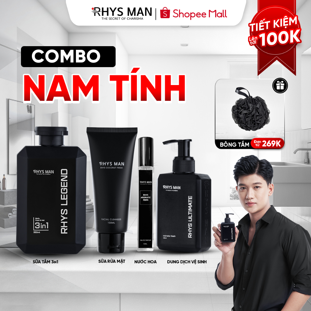 Bộ quà tặng-Sữa tắm gội 3in1 350ml & Sữa rửa mặt 100ml & Dung dịch vệ sinh 120ml & Nước hoa nam RHYS