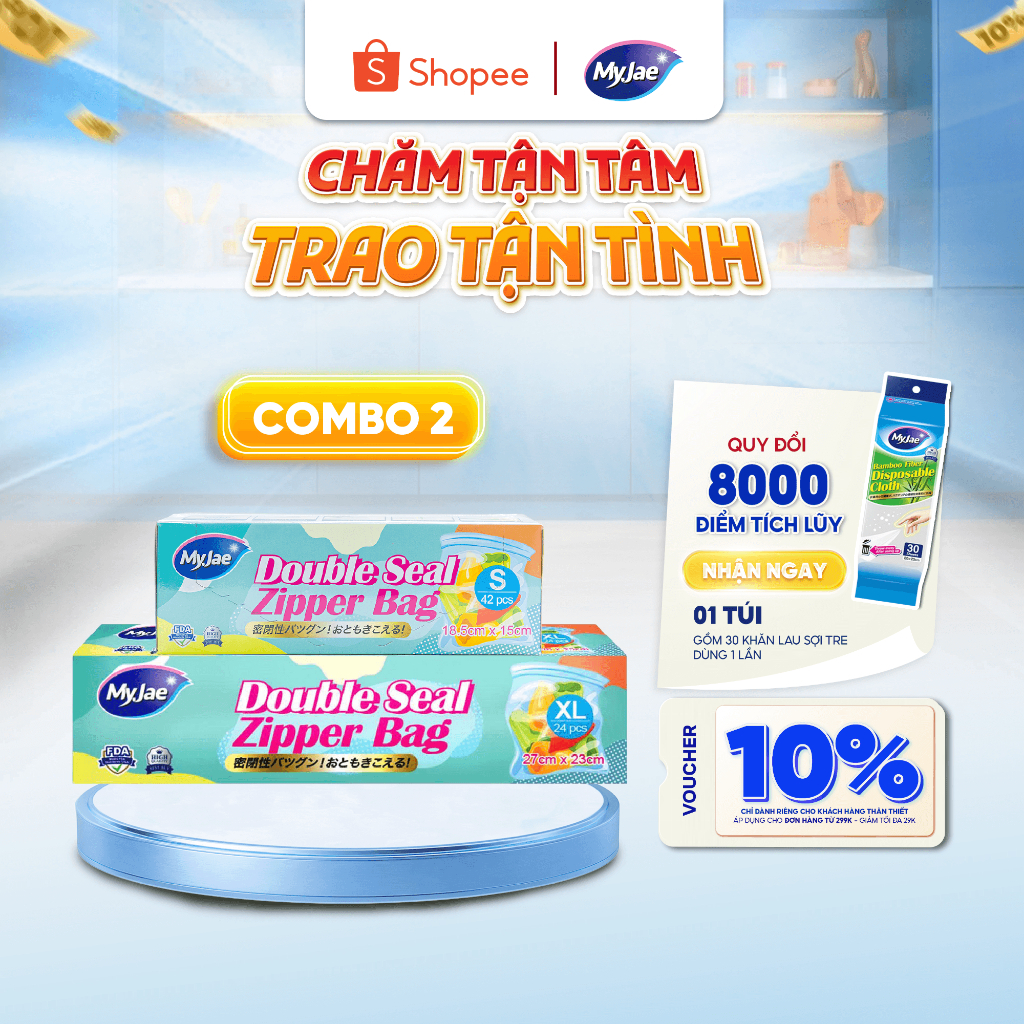 Combo 2 size S+XL Túi Zip PE Trong Suốt 2 Đường Kéo MyJae, Túi Bọc Đồ Ăn, Bảo Quản Tủ Lạnh