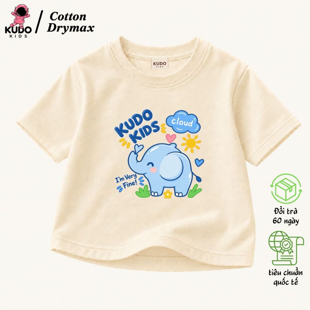 Áo Thun Cho Bé Trai,Bé Gái Kudo Kids Họa Tiết Voi Đáng Yêu 2026, Cotton Drymax Co Giãn Thoải Mái