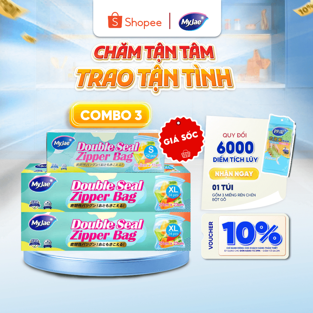 Combo 3 HỘP SIZE 2XL+1S Túi Zip PE Trong Suốt 2 Đường Kéo MyJae, Túi Bọc Đồ Ăn