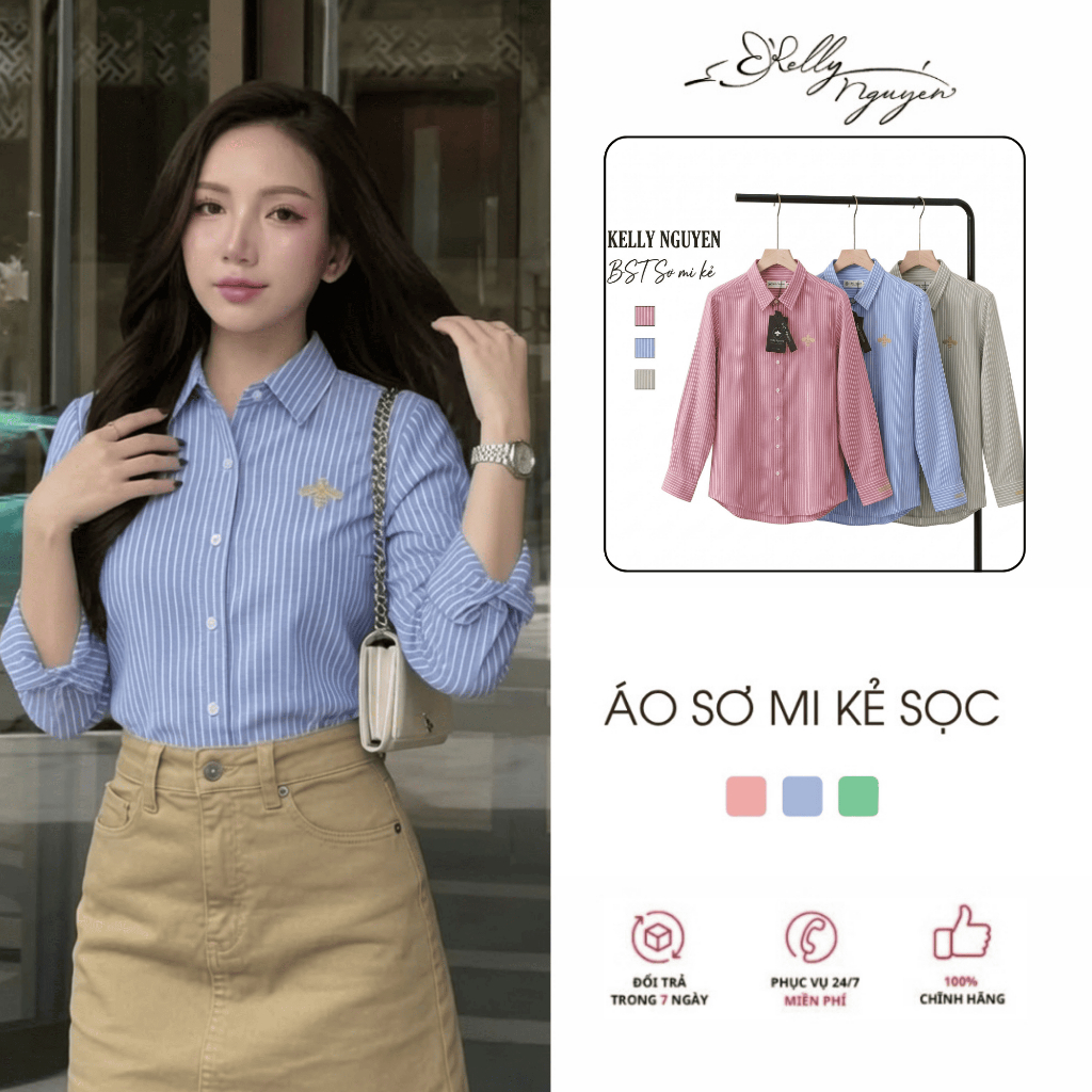 Áo sơ mi kẻ sọc KELLY NGUYỄN, chất liệu Linen, họa tiết kẻ sọc, thanh lịch, dễ phối đồ| ASM004