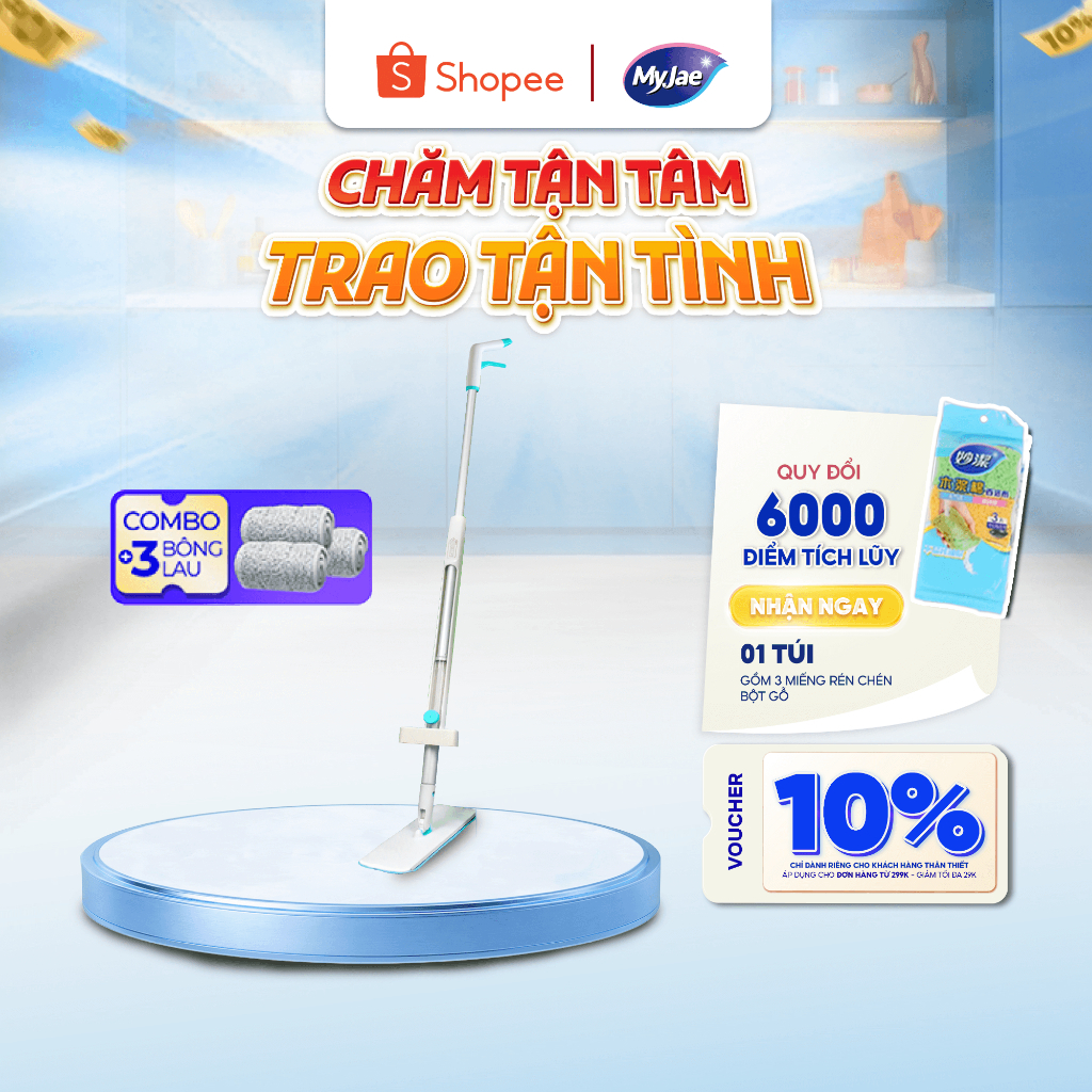 Combo 3 Bông Lau + 1 Cây Lau Nhà MyJae Sợi Microfiber Tự Vắt Phun Sương Xoay 360 Độ Thông Minh 138c