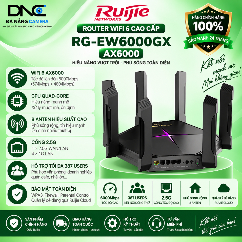[AX6000] Ruijie RG-EW6000GX | Phát Wifi 6 8 Anten, Quad-core, Cổng 2.5, Tải Max 387 Users Băng Thông