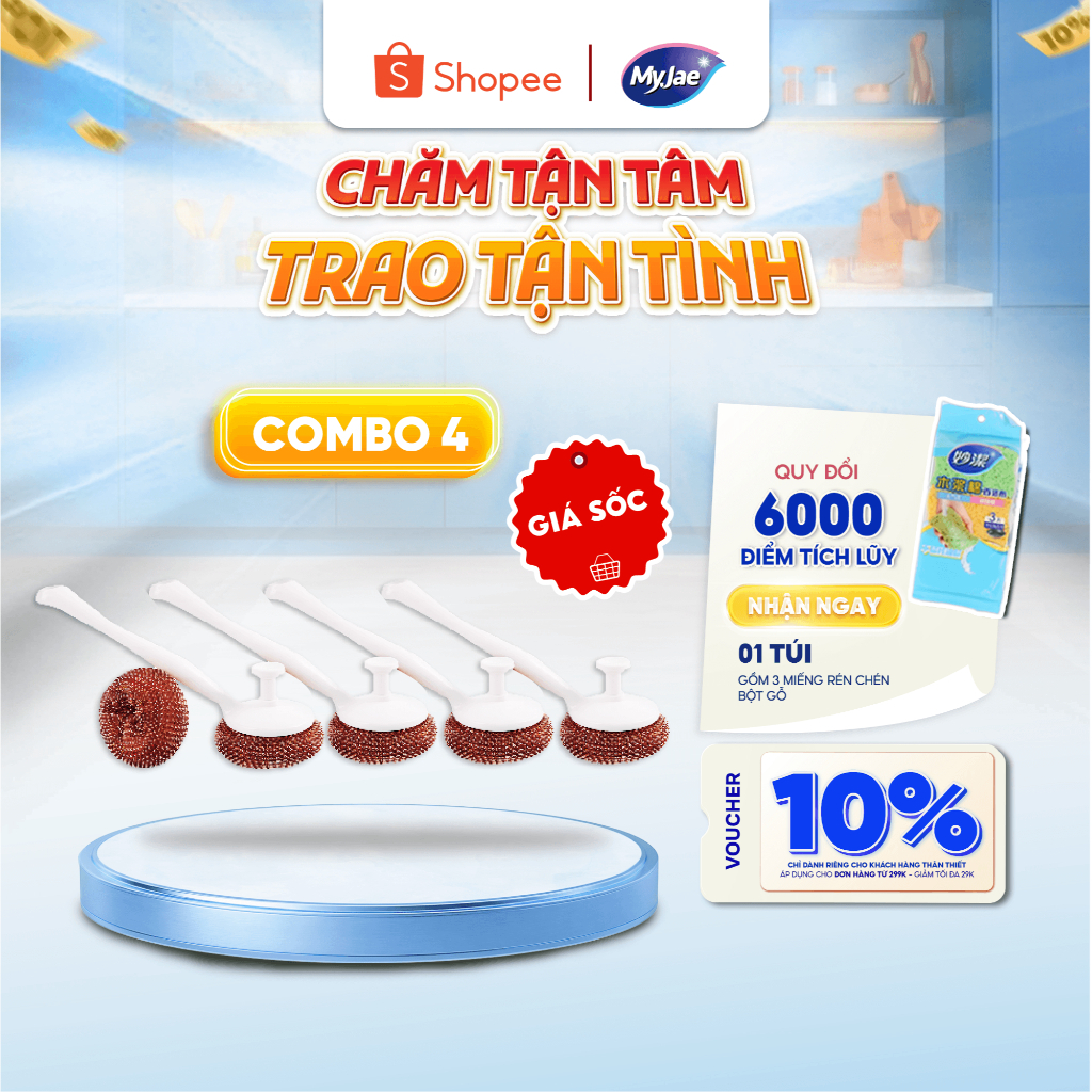 COMBO 4 Chổi Cọ Xoong Nồi Kèm 2 Miếng Cọ Nồi Đa Năng Tiên Lợi MyJae